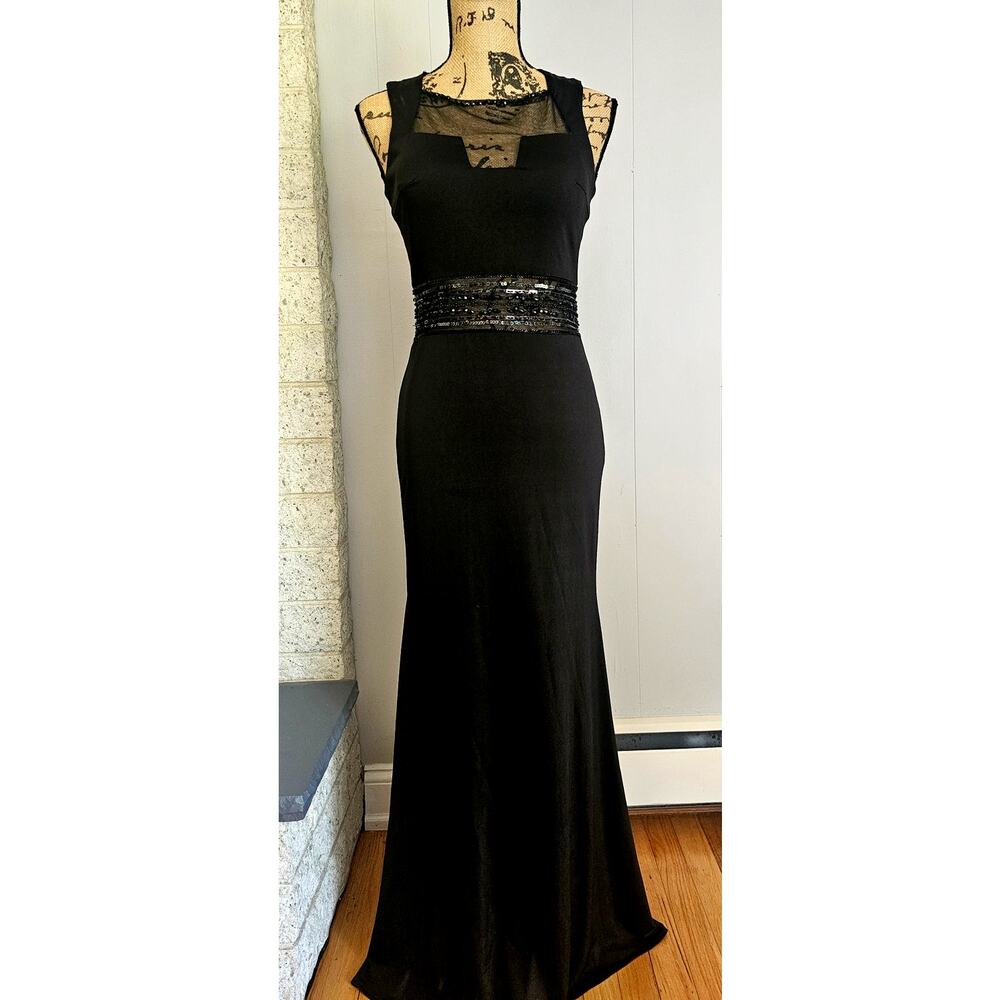 New Clarisse black, sequin waist ,mesh top formal long dress, Holiday party.